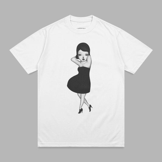 White t-shirt with a black and white illustration of a woman in a dress.