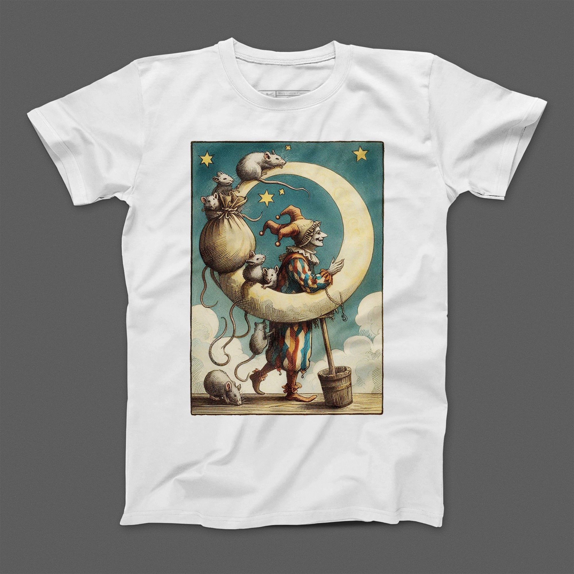 Whimsical Jester and Mice on Crescent Moon T-Shirt