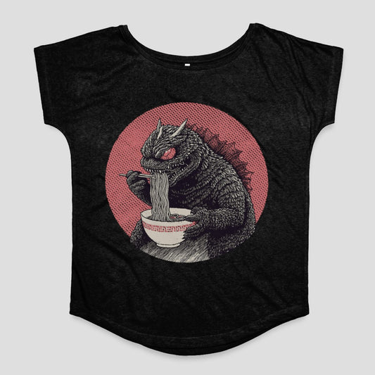 Monster Eating Ramen Graphic Black T-shirt