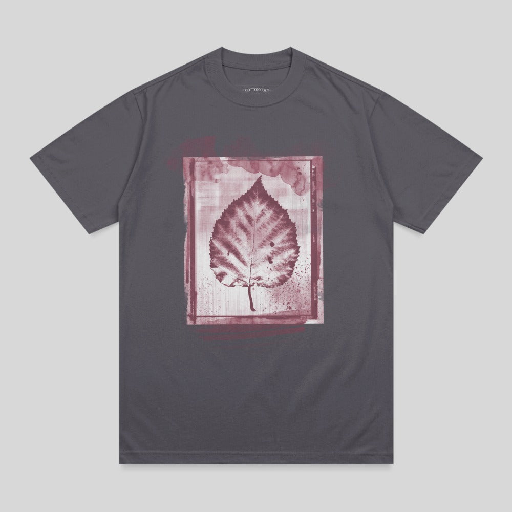 Slate gray t-shirt with a reddish-brown leaf print in a distressed frame.