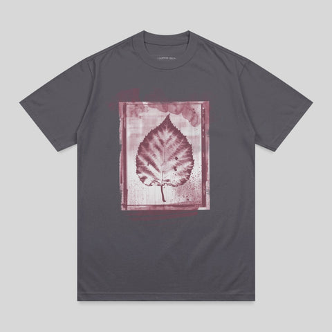 Slate gray t-shirt with a reddish-brown leaf print in a distressed frame.