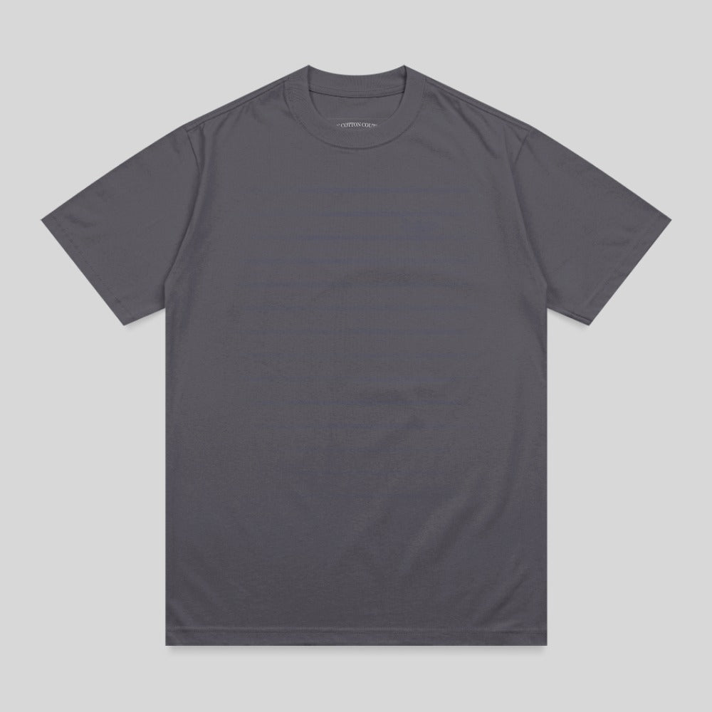 Charcoal grey plain t-shirt with subtle white logo on collar.