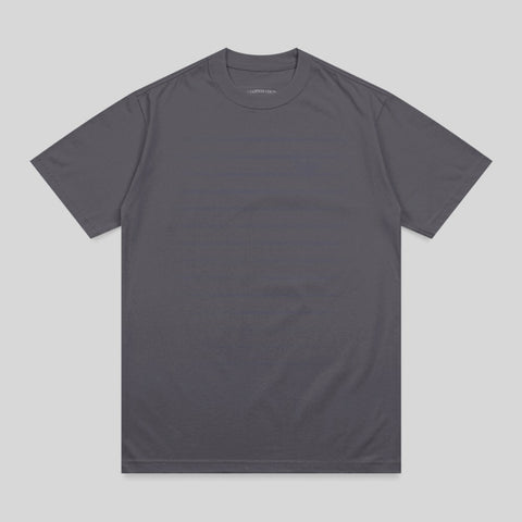 Charcoal grey plain t-shirt with subtle white logo on collar.