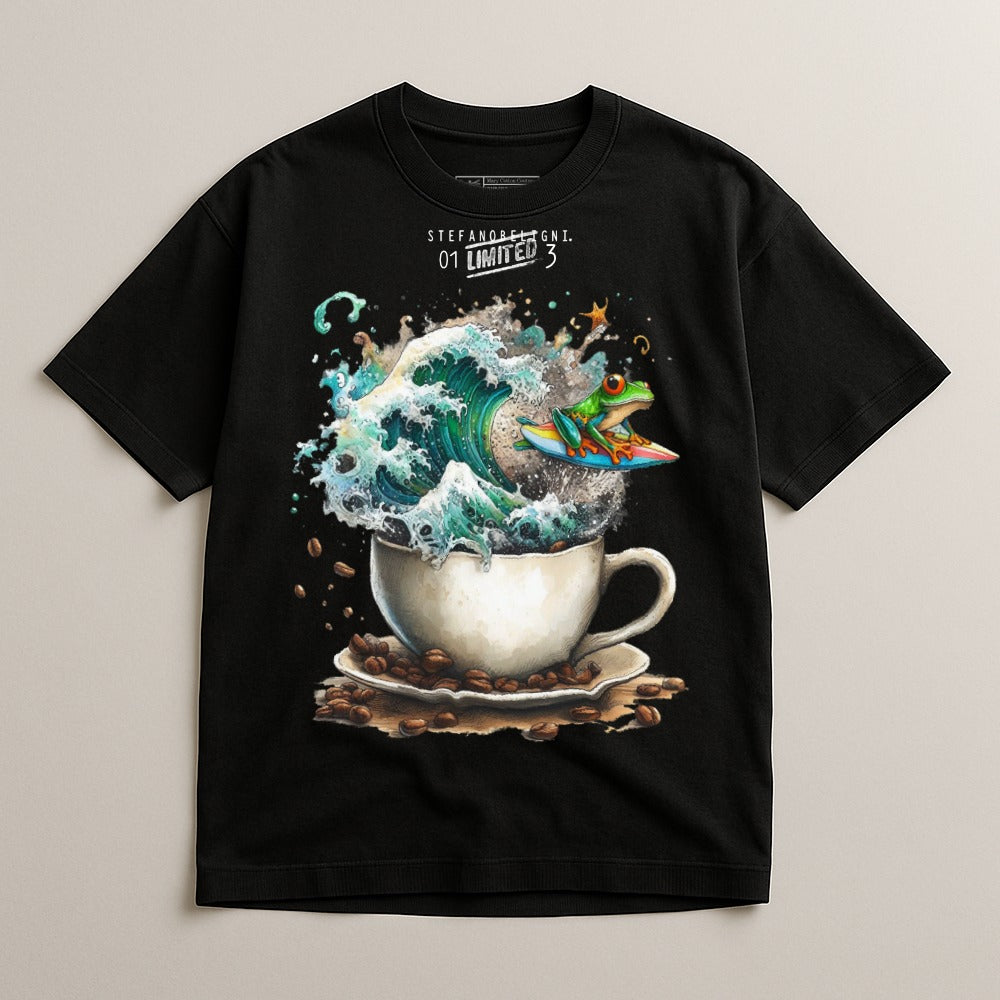 Surreal Frog Surfing Coffee Cup Graphic T-shirt
