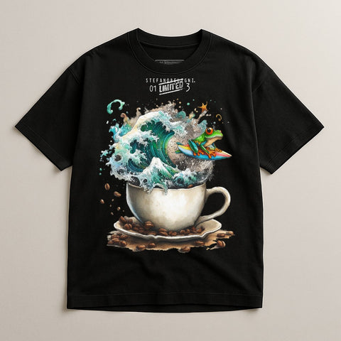 Surreal Frog Surfing Coffee Cup Graphic T-shirt