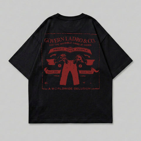 Black t-shirt with red graphic featuring "Govern Ladro & Co." and "Profit Over People".