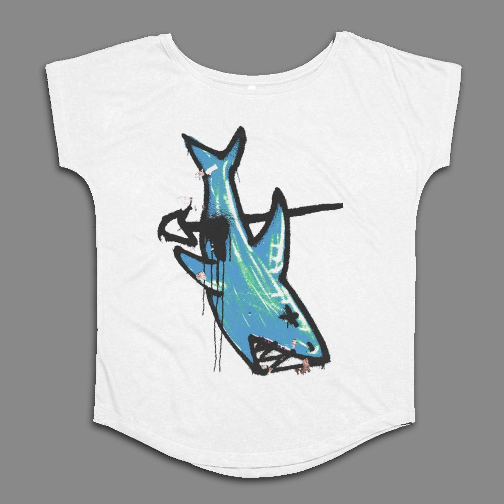 Blue Shark Graphic on White Short Sleeve Tee