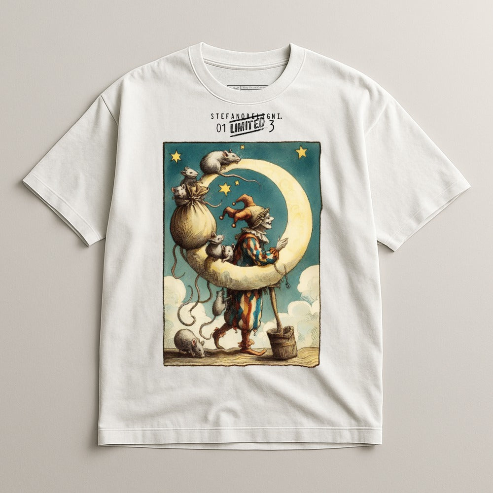 Whimsical Moon Jester Graphic Tee with Starry Night Design