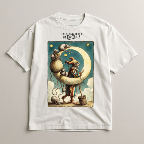 Whimsical Moon Jester Graphic Tee with Starry Night Design