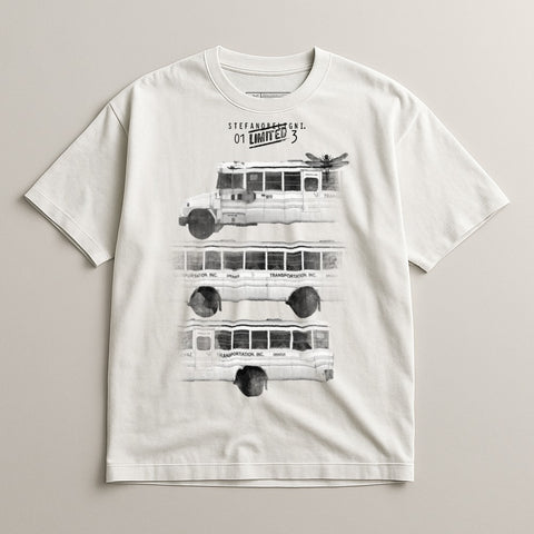 Vintage Graphic Tee with Stacked Bus Print Design