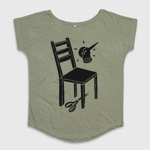 Chair with Scissors and Floating Mug Graphic Top