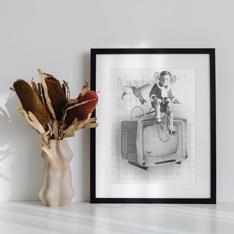 Whimsical Child Art Print with Bicycles and TV Frame Artwork