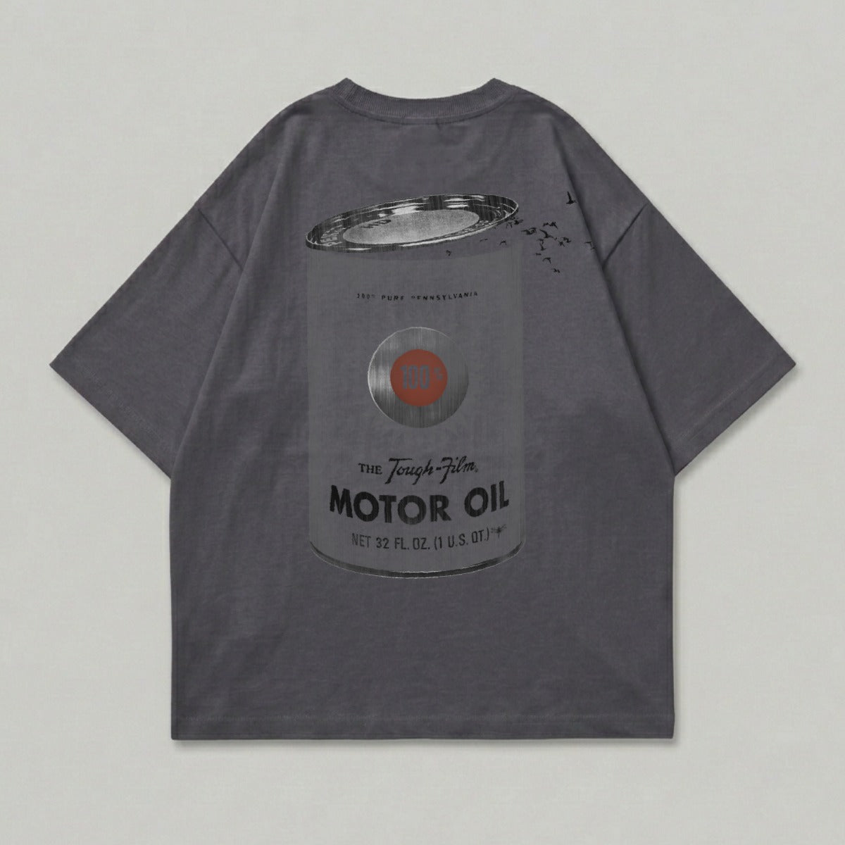 T-shirt with graphic of a "Tough-film Motor Oil" can and birds.