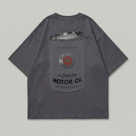 T-shirt with graphic of a "Tough-film Motor Oil" can and birds.