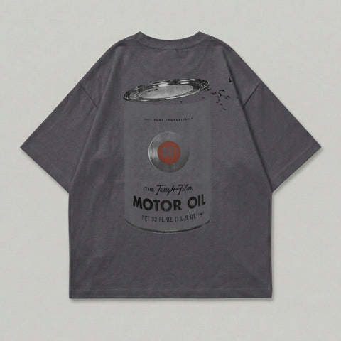T-shirt with graphic of a "Tough-film Motor Oil" can and birds.
