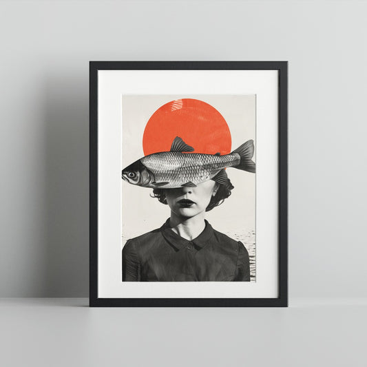 Abstract Face with Fish and Red Circle Art Print