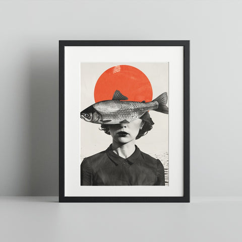 Abstract Face with Fish and Red Circle Art Print