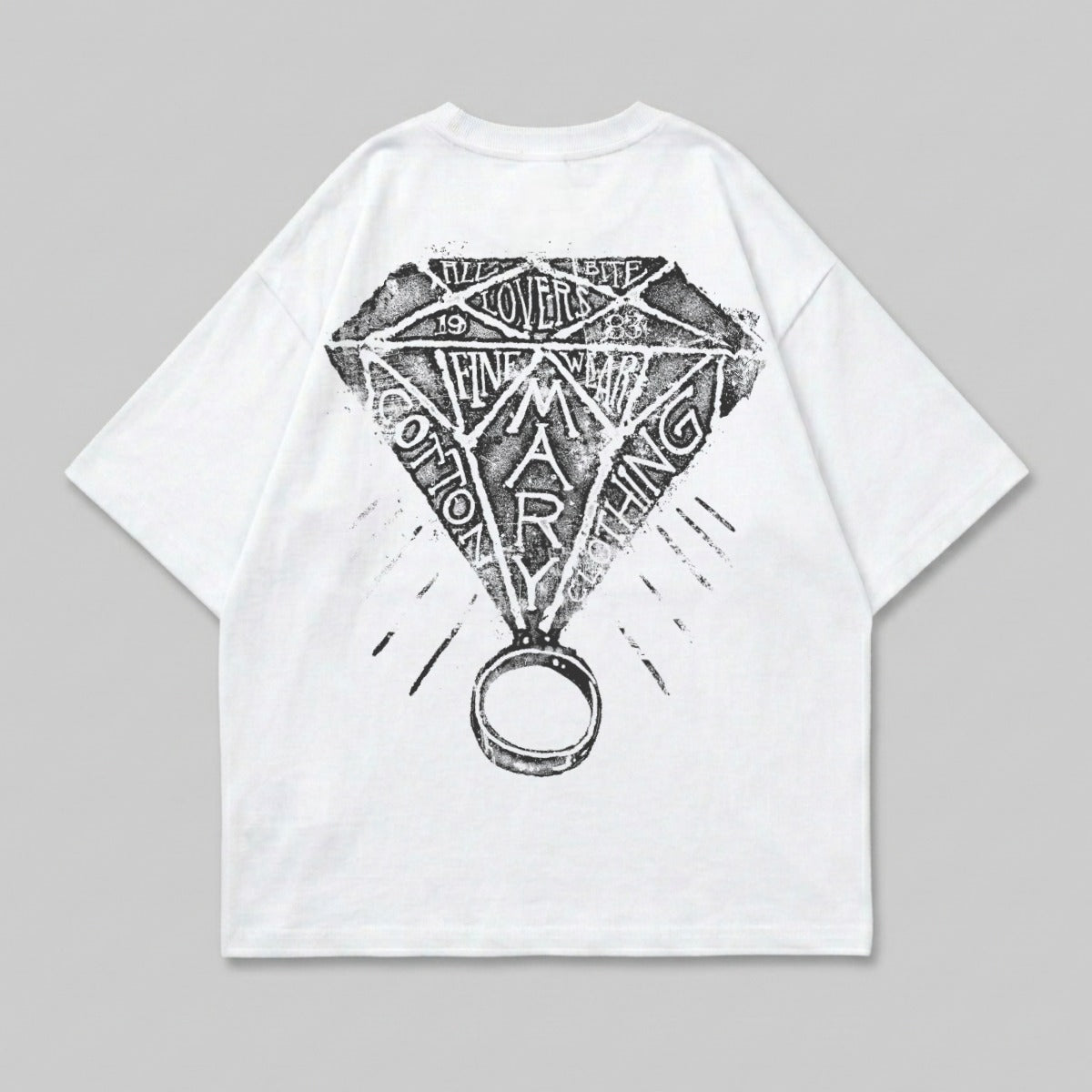 White t-shirt with diamond and ring graphic on the back.
