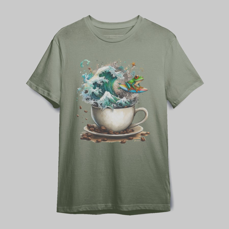 Surfing Frog Riding Wave in Coffee Cup T-Shirt