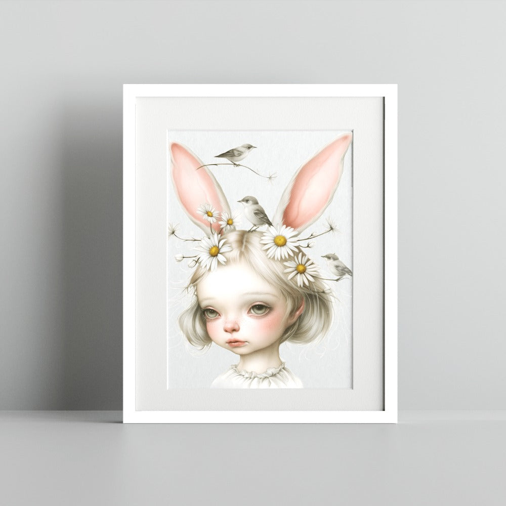 Whimsical Girl With Bunny Ears And Flowers Art Print