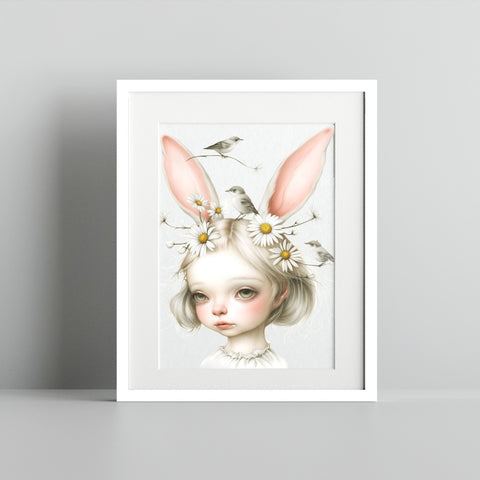 Whimsical Girl With Bunny Ears And Flowers Art Print