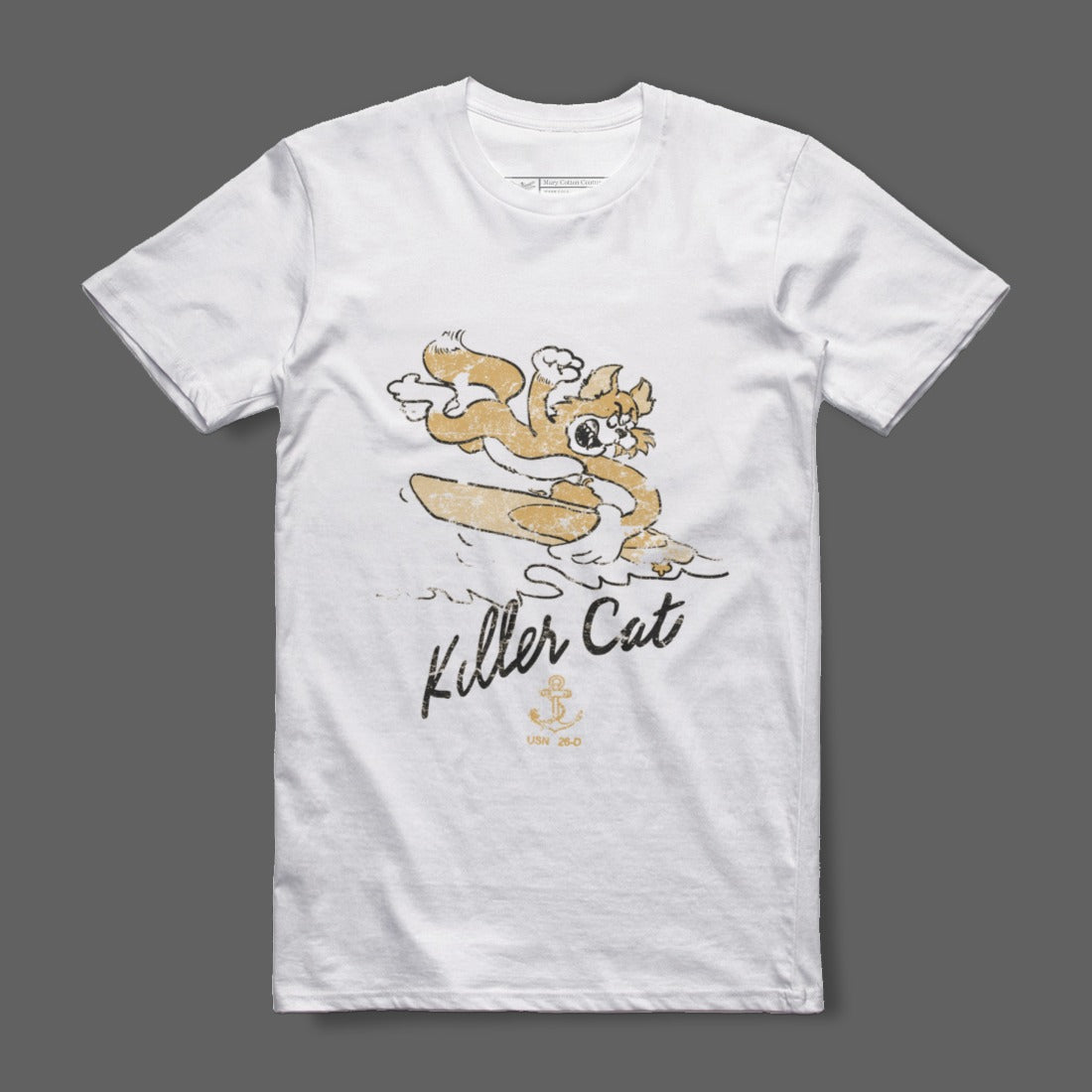 Killer Cat Retro Surf Print White T-Shirt