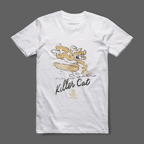 Killer Cat Retro Surf Print White T-Shirt