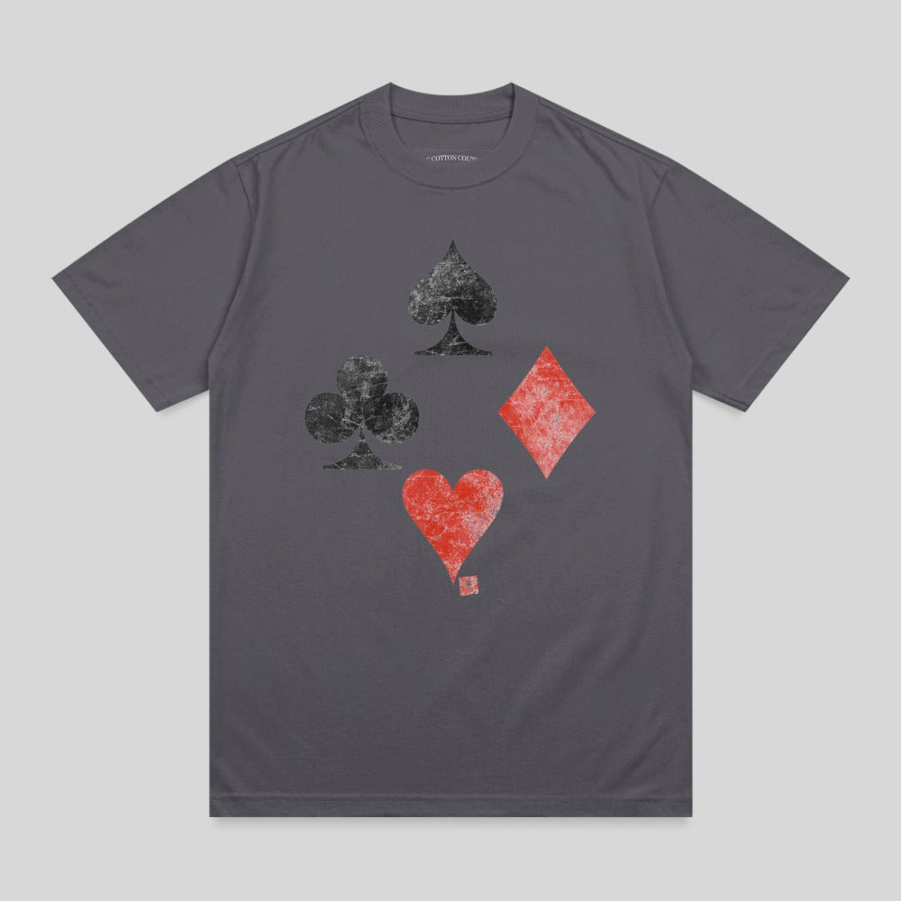 Gray t-shirt with distressed playing card suits: spades, clubs, diamonds, and heart.