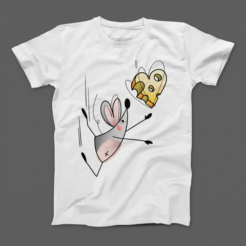 Cartoon Mouse Chasing Cheese Print T-Shirt