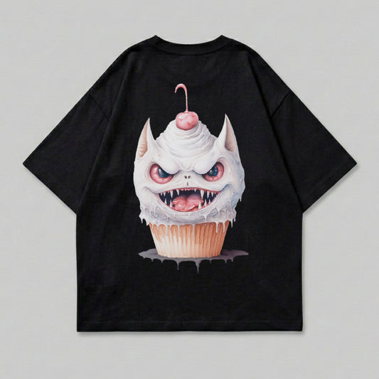 Black t-shirt with a monstrous cupcake design featuring sharp teeth and a cherry.