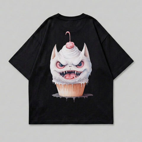 Black t-shirt with a monstrous cupcake design featuring sharp teeth and a cherry.