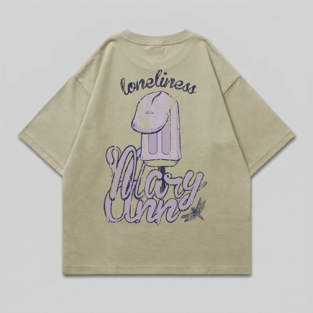 Tan t-shirt with "Loneliness" and cartoon ice pop graphic on back.
