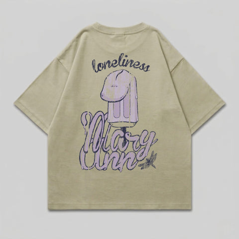 Tan t-shirt with "Loneliness" and cartoon ice pop graphic on back.