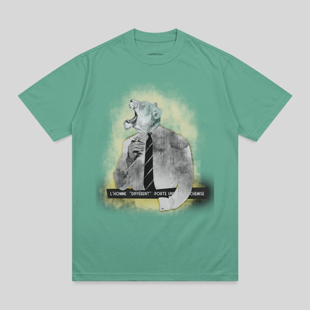Green t-shirt with graphic of a roaring lion in a suit and tie.