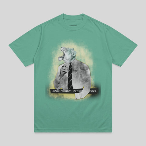 Green t-shirt with graphic of a roaring lion in a suit and tie.