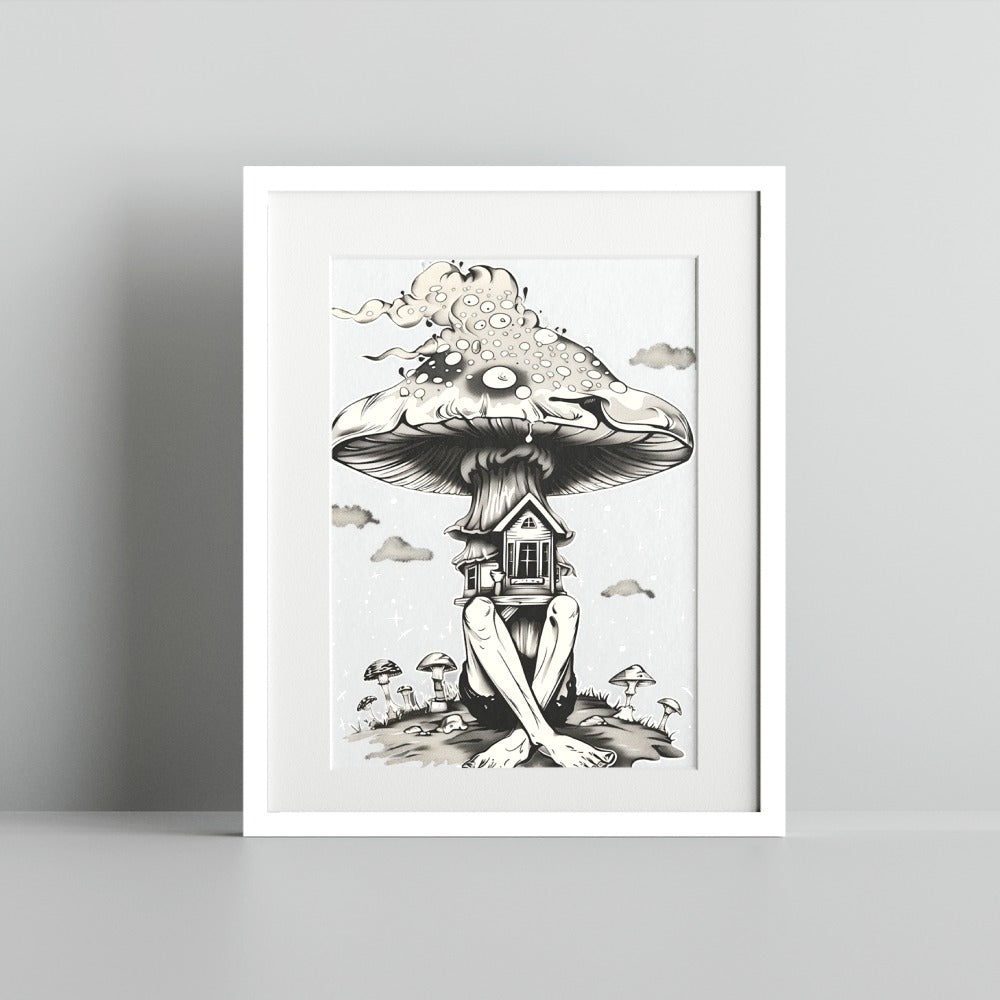 Surreal Mushroom House with Human Legs Wall Art