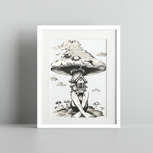 Surreal Mushroom House with Human Legs Wall Art