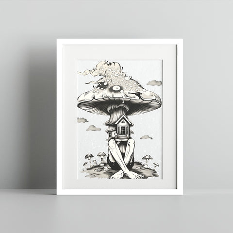 Surreal Mushroom House with Human Legs Wall Art