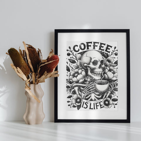 Coffee Is Life Skeleton Skull Wall Art Print Decor