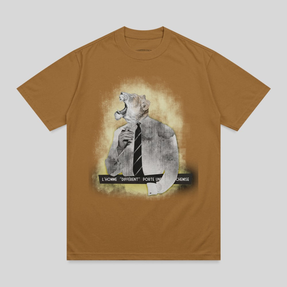 Brown t-shirt with a graphic of a man in a suit and tie with a roaring lion's head.