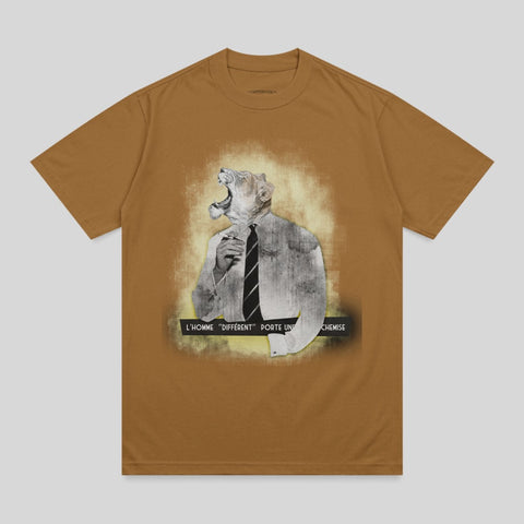 Brown t-shirt with a graphic of a man in a suit and tie with a roaring lion's head.