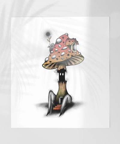Whimsical Mushroom House with Stairs Art Print