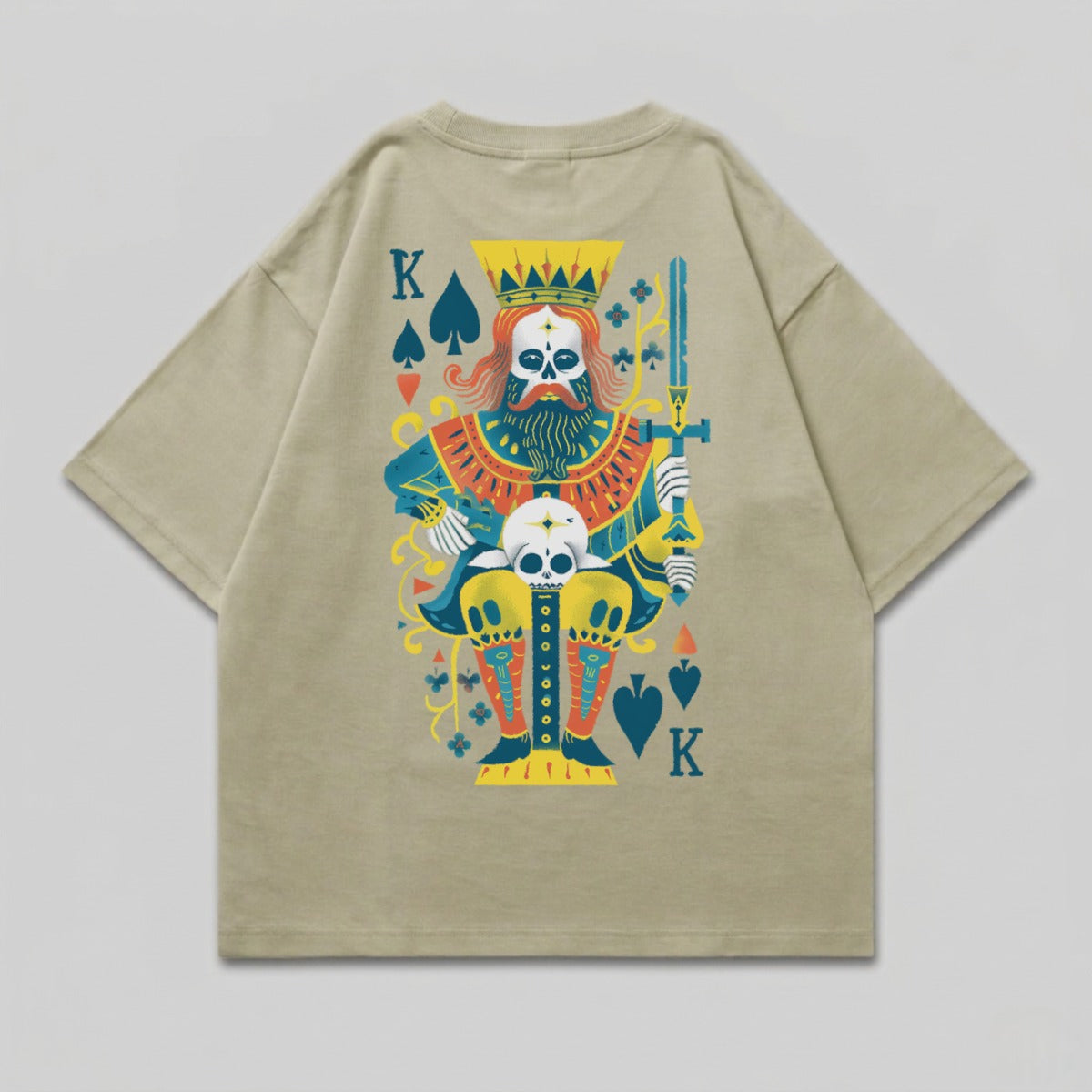 Skeleton King Spade Card Crown Sword Graphic T-shirt product type
T-shirt, Graphic Tee, Skeleton King, King of Spades, Playing Card, Skull Art, Crown Design, Sword Graphic, Oversized Shirt, Streetwear Fashion, Unique T-shirt, Card Game Theme, Poker Inspired, Beige Shirt, Khaki Top, Gothic Style Tee, Dark Aesthetic, Vintage Style, Mens T-shirt, Unisex Graphic