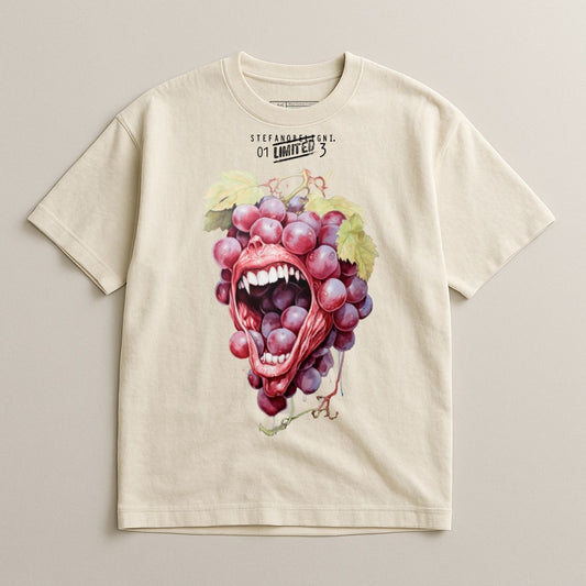 Cream t-shirt with graphic of open mouth with grape teeth.