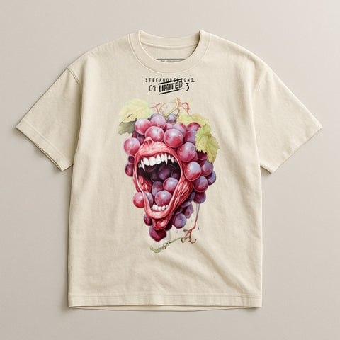 Cream t-shirt with graphic of open mouth with grape teeth.