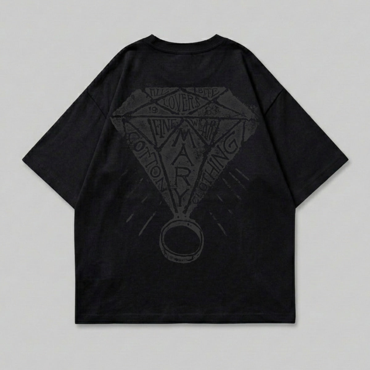 Black t-shirt with diamond graphic and "Cotton Mary Clothing" text on back.