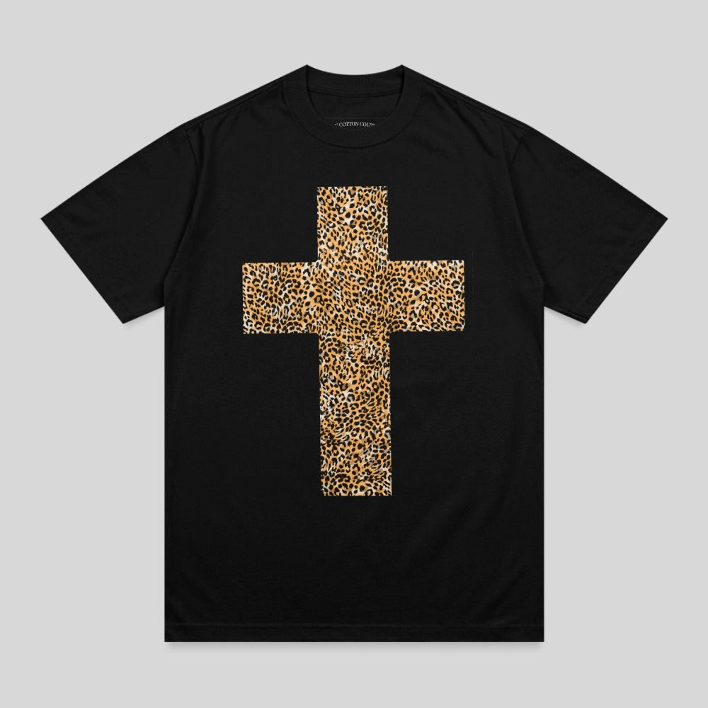 Black t-shirt with a leopard print cross graphic on the chest.