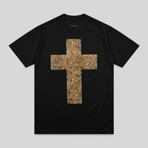 Black t-shirt with a leopard print cross graphic on the chest.