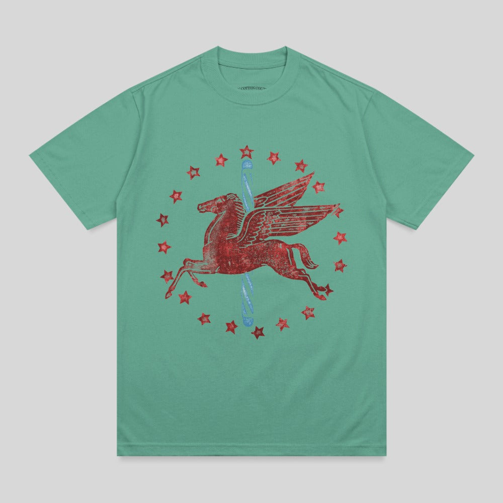 Teal t-shirt with a distressed red Pegasus and blue star carousel design.