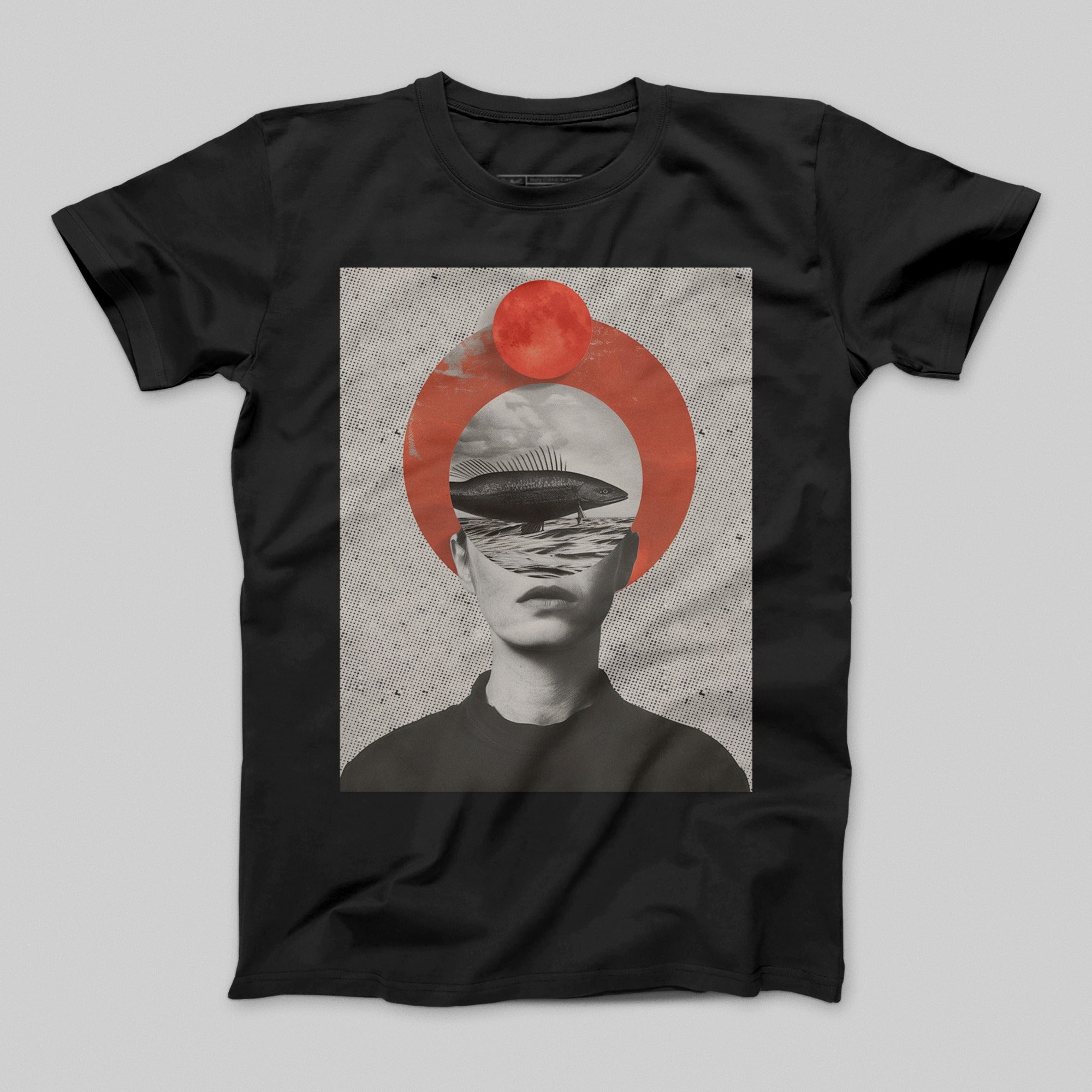 Surreal Artistic Graphic Tee with Fish and Circle Design